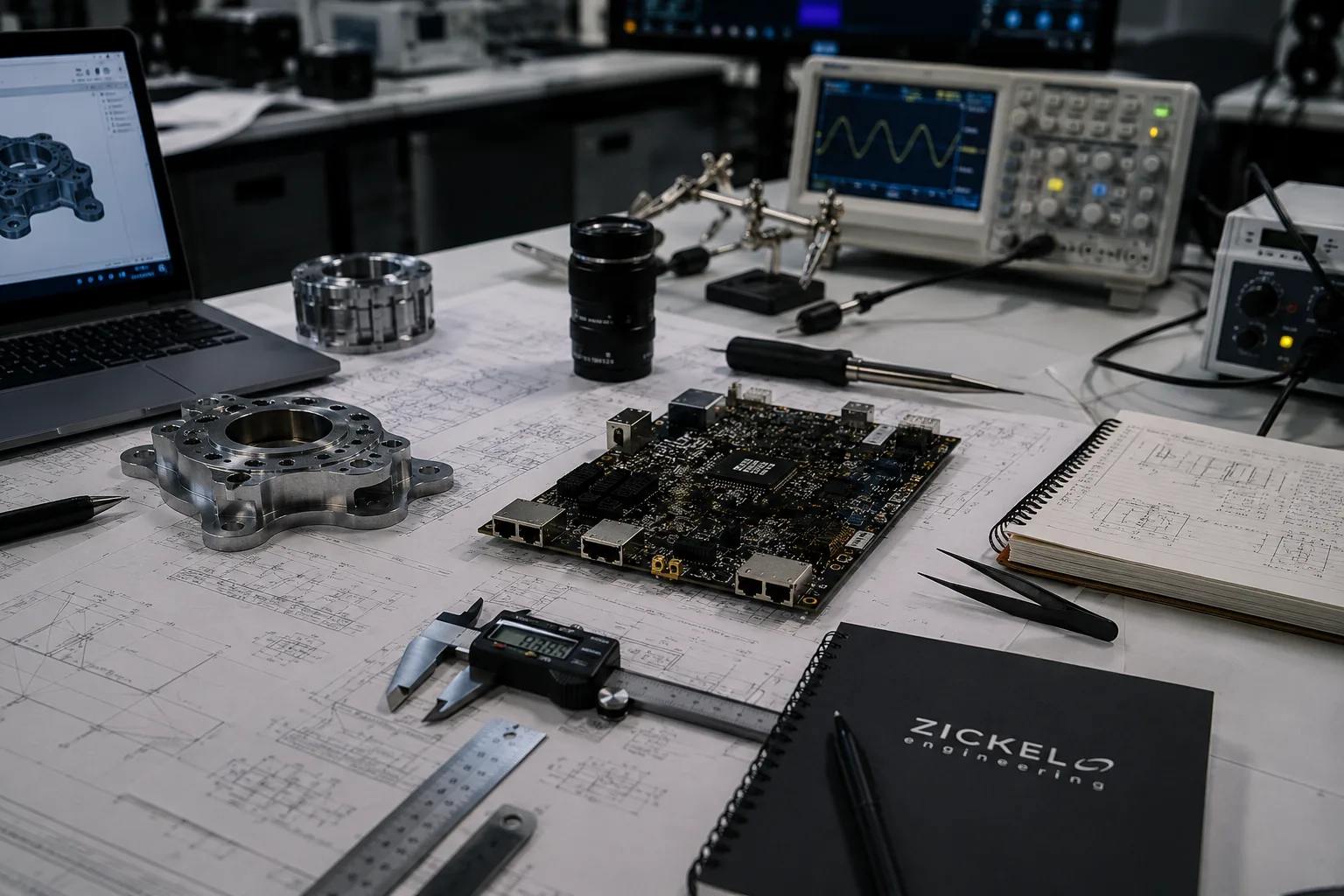 Engineering workbench with mechanical components, electronics, test equipment, and technical drawings