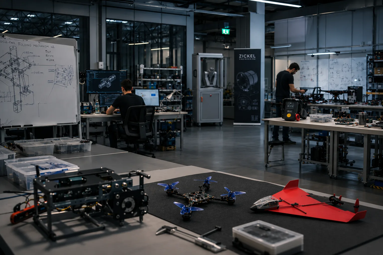 Engineering laboratory with shelves of prototypes, instruments, and integrated systems